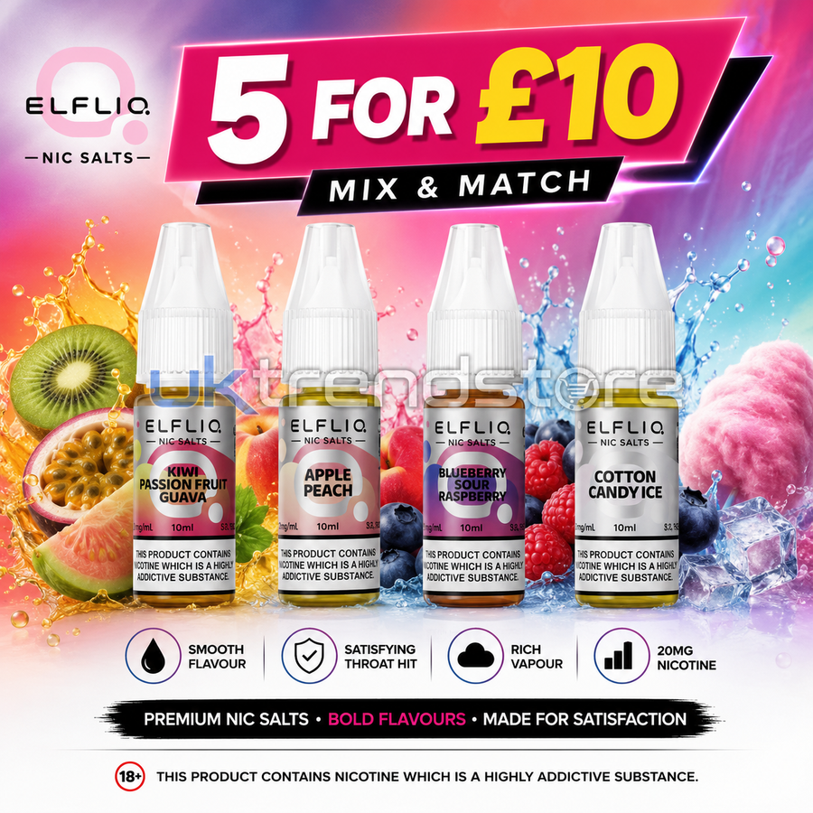 Promotional graphic for ELFLIQ Nic Salts showing five vape bottles in assorted fruit flavors: Passion Fruit Guava, Apple Peach, Blueberry Passion Fruit Raspberry, and Cotton Candy Ice. The bottles are set against a vibrant background with colorful liquid splashes, kiwi, berries, and pink cotton candy, with a large '5 FOR £10' banner at the top.