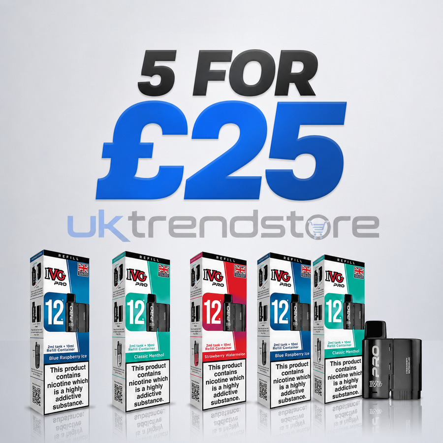 Five IVG 12ml disposable vape devices in assorted flavours, displayed in front of their retail packaging boxes with a '5 FOR £25' promotional text overlay