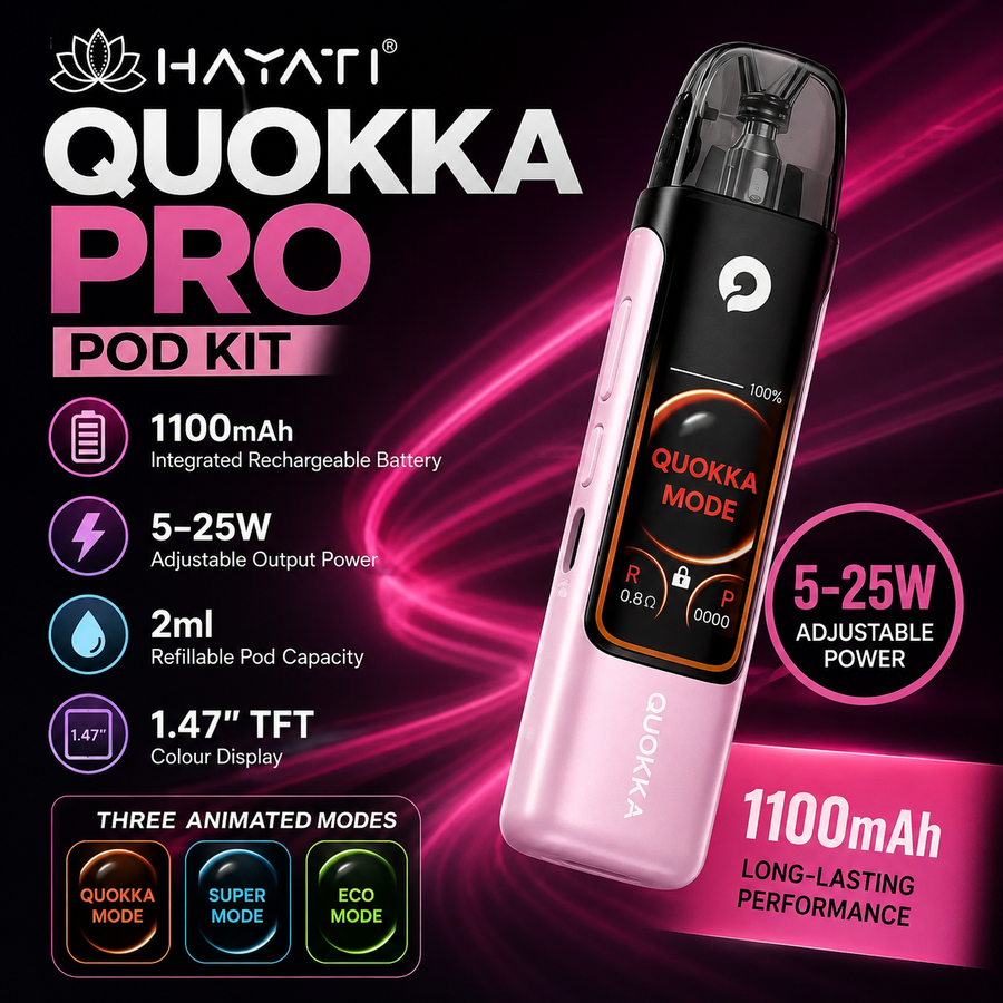 Hayati Quokka Pro Pod Kit vape device in pink and black with a digital display, set against a dark pink and black background with product specifications and feature icons.