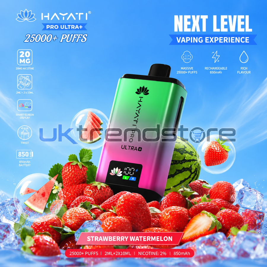 HATATI Pro Ultra+ Strawberry Watermelon vape device with a green-to-pink gradient body, surrounded by fresh strawberries, watermelon slices, ice cubes, and promotional text on a blue background.
