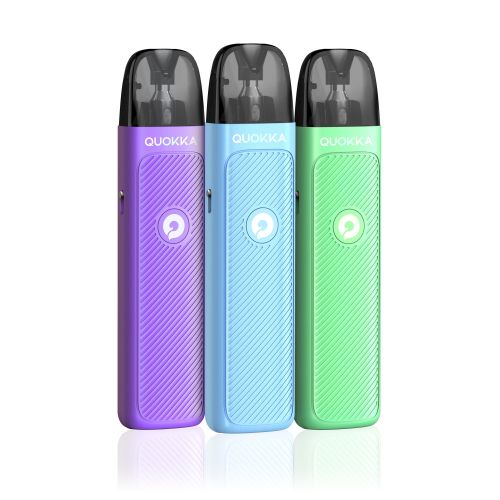 Three Quokka vape devices in purple, blue, and green on a white background