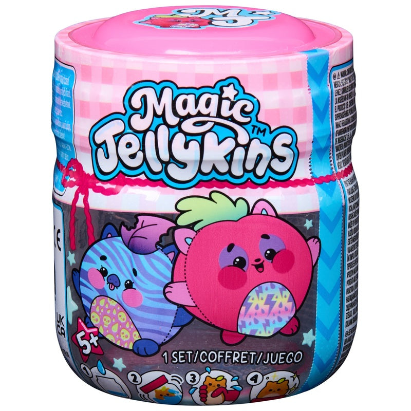 A Magic Jellykins blind bag toy container featuring a pink lid and colorful cartoon graphics of two jelly-like characters on the front label.