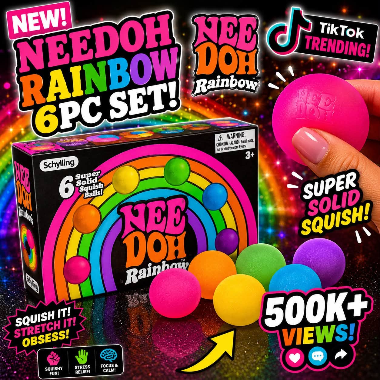 NeeDoh Teenie squishy stress balls, rainbow, set of 6