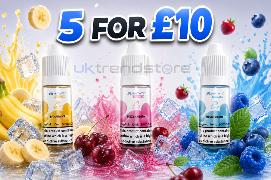 Three small e-liquid bottles labeled Baconbite, Sweetly Cherry, and Blue Raspberry, surrounded by fruit slices, ice cubes, and splash graphics, with large text reading '5 FOR £10' and a visible 'uktrendstore' watermark.