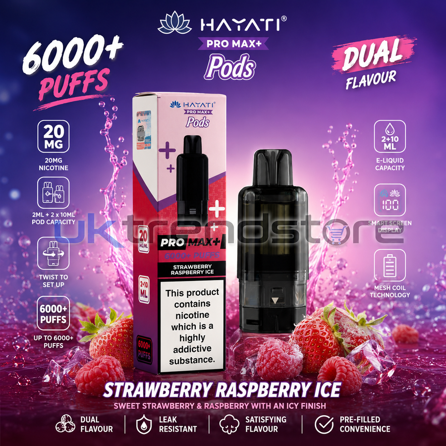 Hayati Pro Max Plus Dual Flavour Pods, Strawberry Raspberry Ice, 6000+ puffs, 20mg nicotine