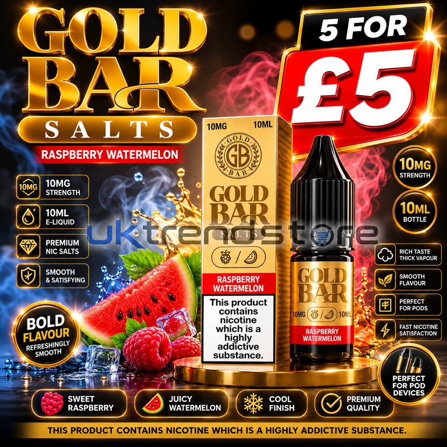 Gold Bar Salts Raspberry Watermelon e-liquid 10ml bottle and box packaging, featuring a large promotional '5 FOR £5' badge, product icons, and watermelon graphics on a dark, fiery background.
