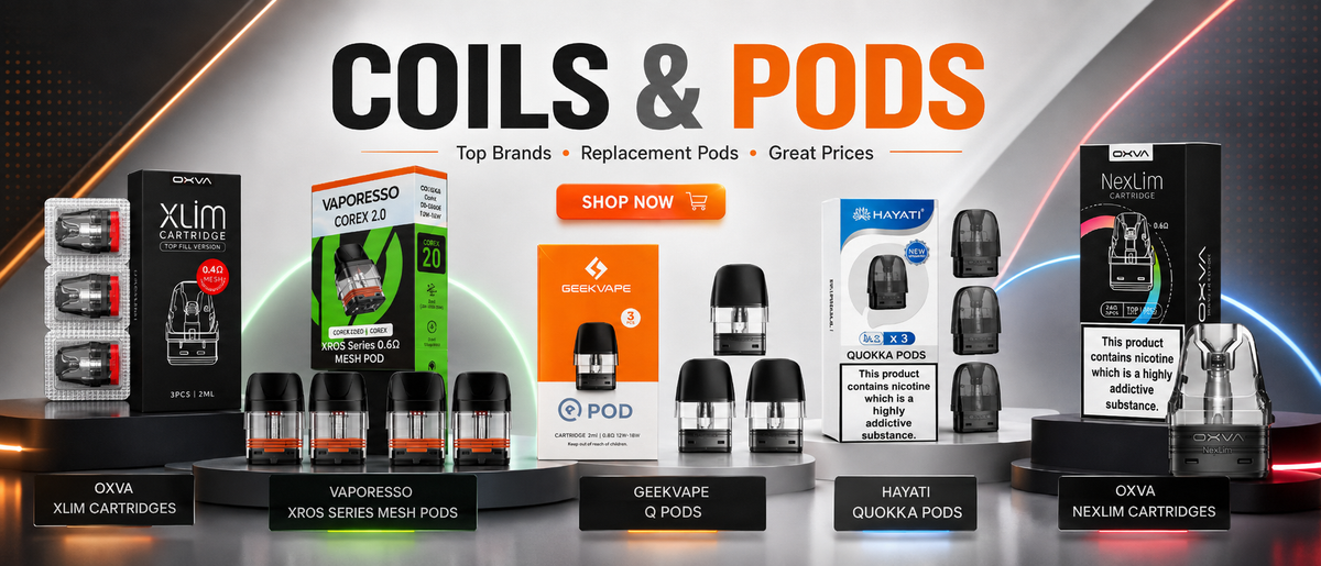 Coils & Pods promotional banner showing an assortment of vape coils, replacement pods and device boxes