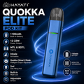 A Hayati Quokka Elite Pod Kit vape device in metallic blue with a black mouthpiece, shown on a dark blue graphic background with glowing light trails and feature callouts.
