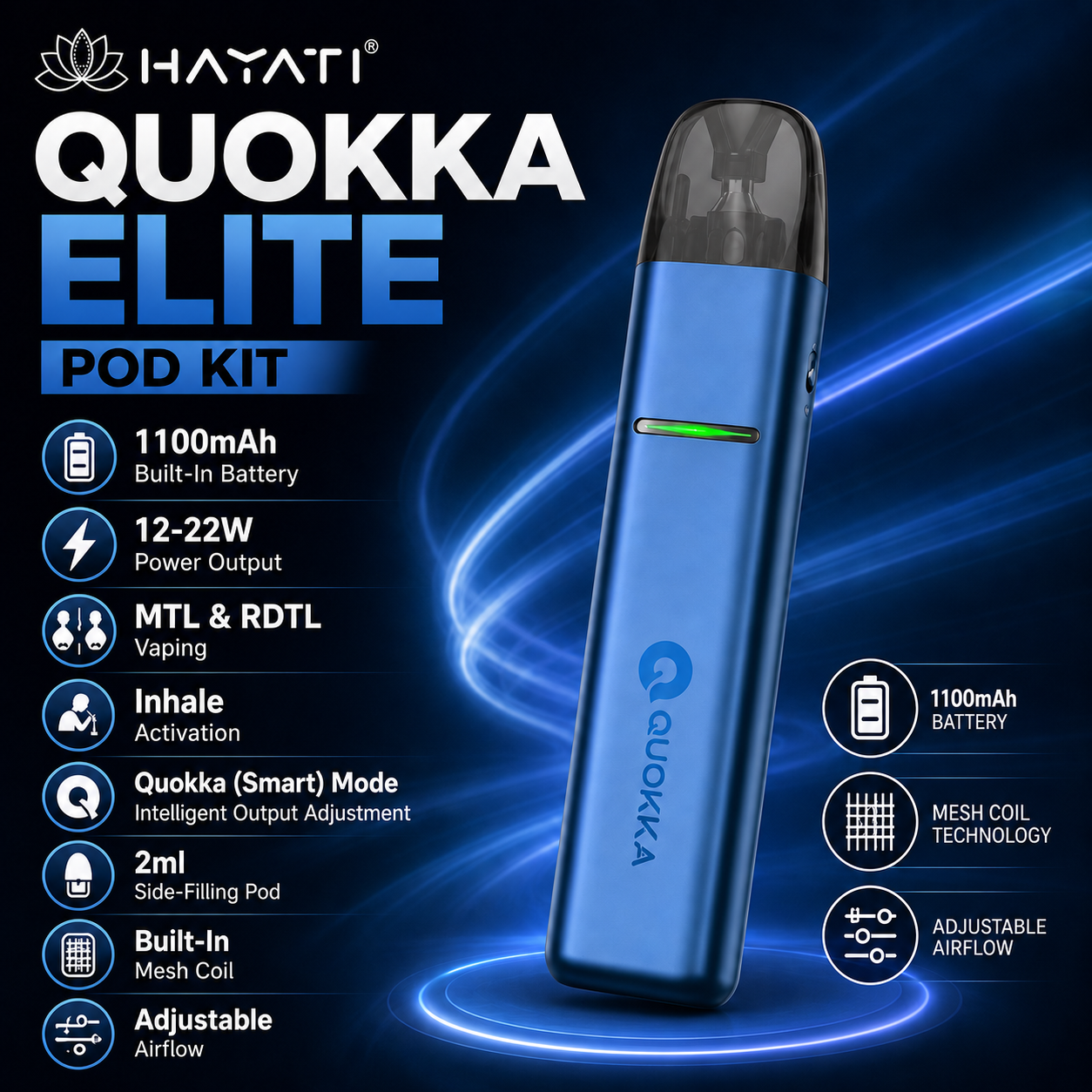 A Hayati Quokka Elite Pod Kit vape device in metallic blue with a black mouthpiece, shown on a dark blue graphic background with glowing light trails and feature callouts.