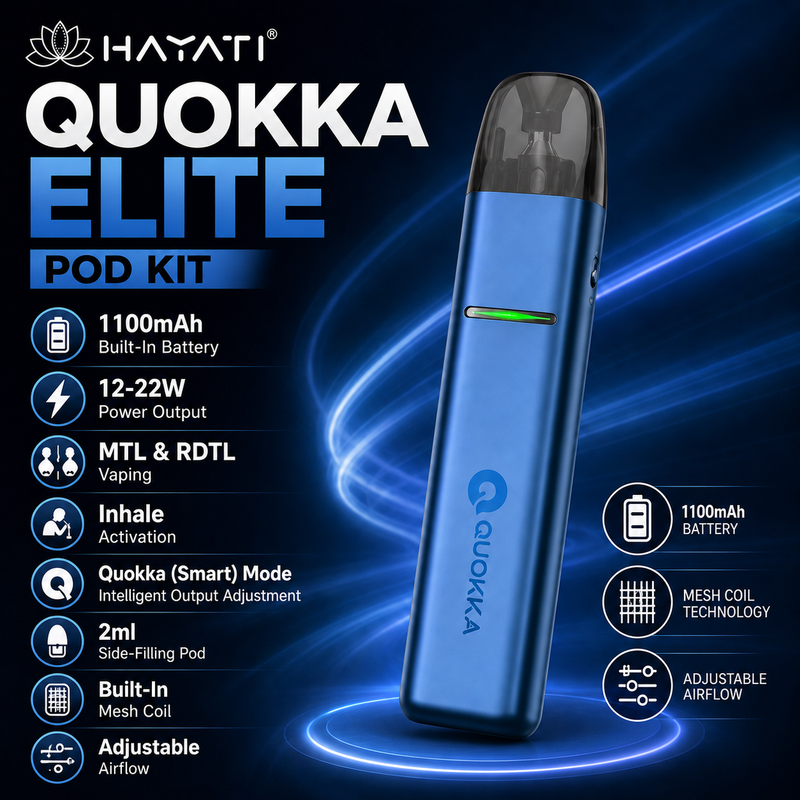 A Hayati Quokka Elite Pod Kit vape device in metallic blue with a black mouthpiece, shown on a dark blue graphic background with glowing light trails and feature callouts.
