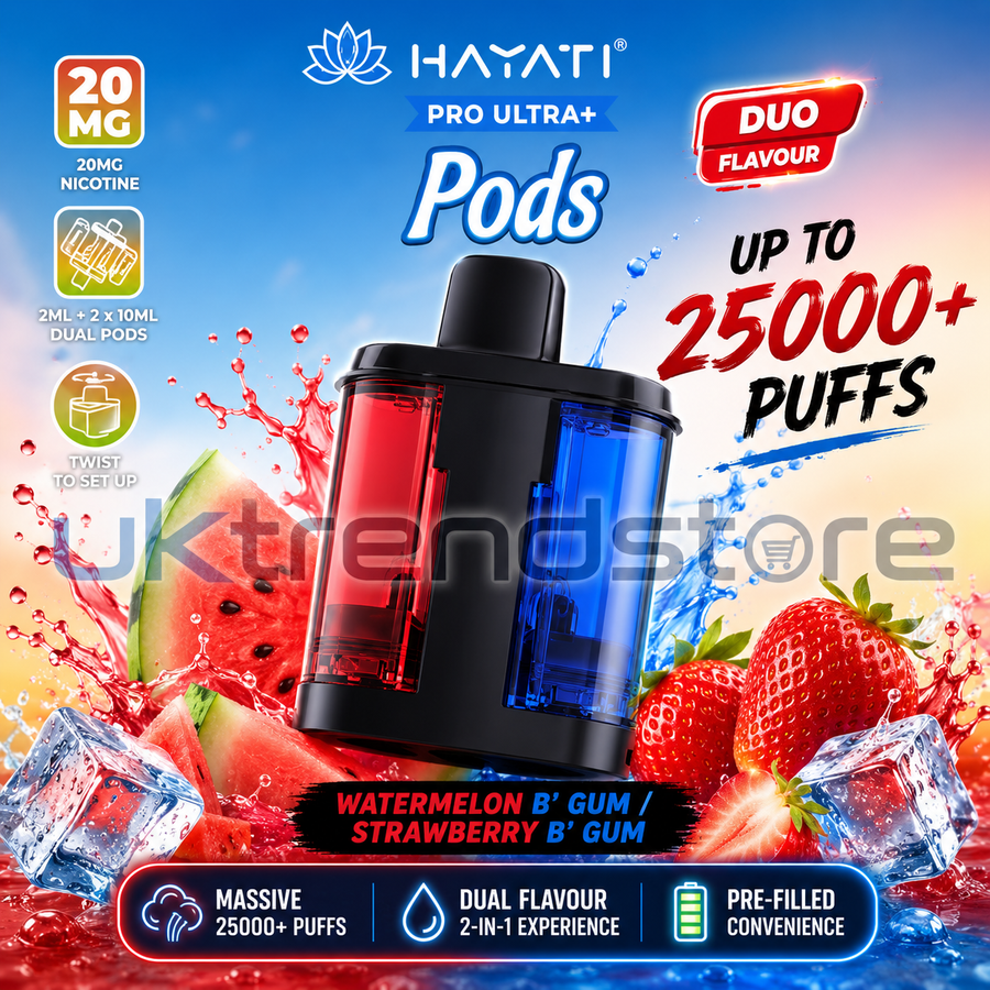 Hayati Pro Ultra+ Pods vape device in a black and dual-color red and blue body, set against a vibrant background of watermelon and strawberry splashes with text overlays highlighting 20mg nicotine and up to 25,000+ puffs.
