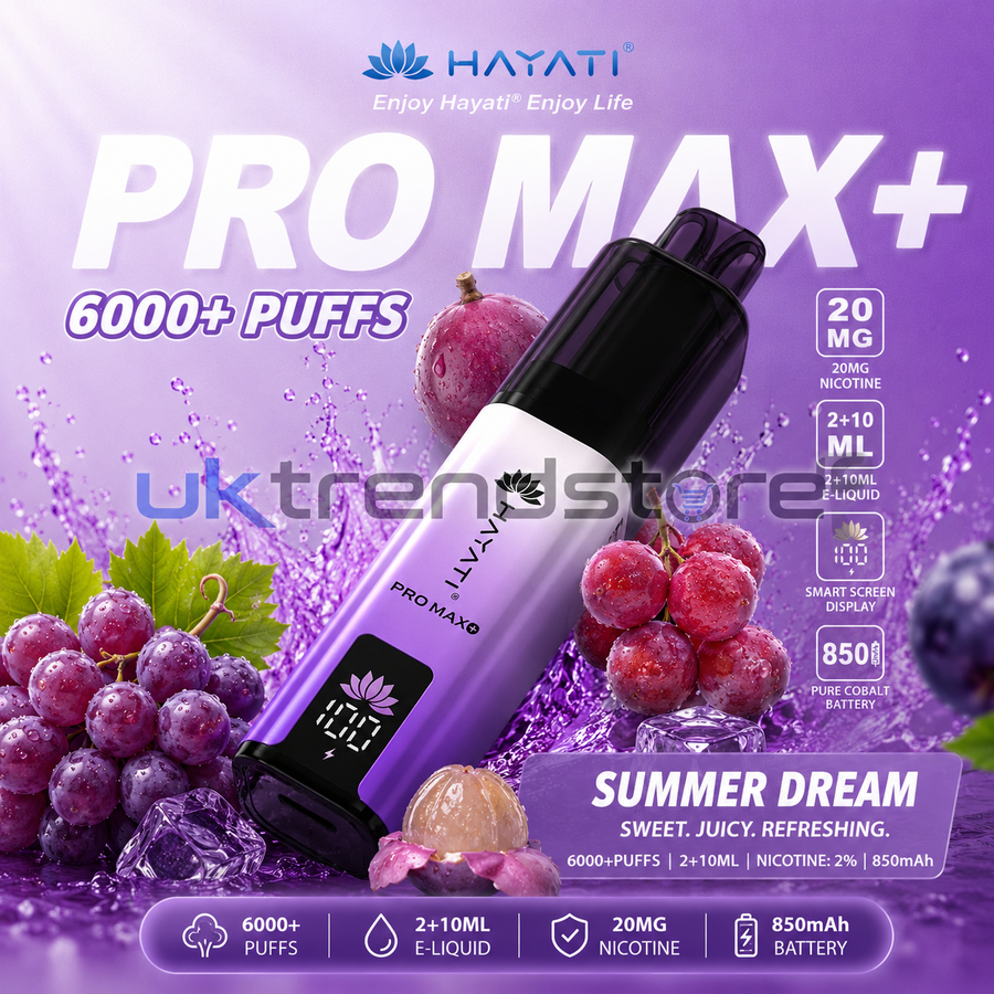 Hayati Pro Max+ disposable vape device in purple and black, shown with grapes and ice cubes on a purple background with promotional text including 'Summer Dream' and '6000+ Puffs'.