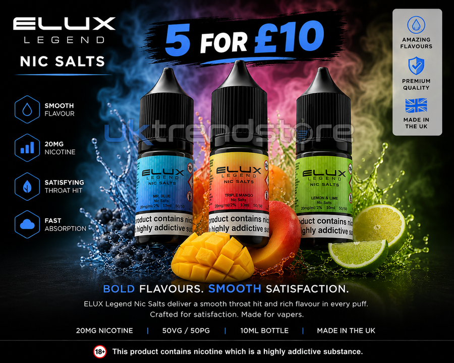 Promotional graphic for ELUX Legend Nic Salts e-liquid, featuring three bottles of different flavors (blue, orange, and green) with mango, lime, and water splash graphics, alongside text highlighting '5 FOR £10' and product features.