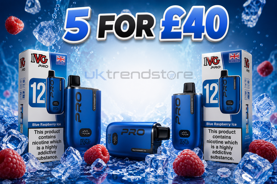 IVG Pro Blue Raspberry Ice disposable vape devices and their retail packaging, displayed with ice cubes and raspberries against a blue background with a '5 FOR £40' promotional banner.