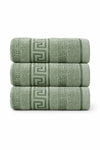Three green towels stacked on top of each other with a subtle pattern.