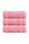 Three pink towels with a decorative border on a white background