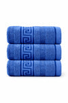 Three blue towels stacked on a white background