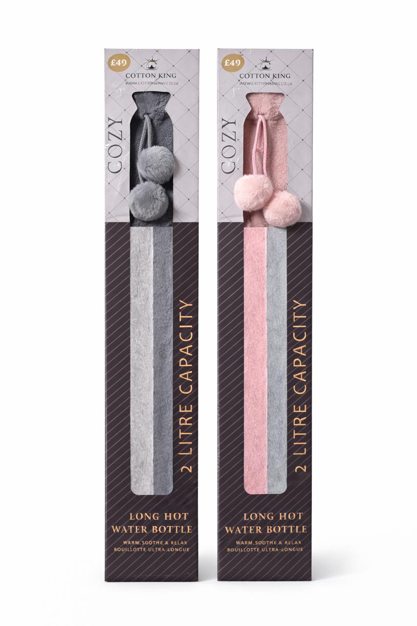 Two Cozy 2 litre capacity water bottle packages, one gray and one pink, on a white background.