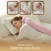 Woman using a pink Cotton King long hot water bottle, 2 litre capacity, with coverbody pillow with multiple inset images showing its use.