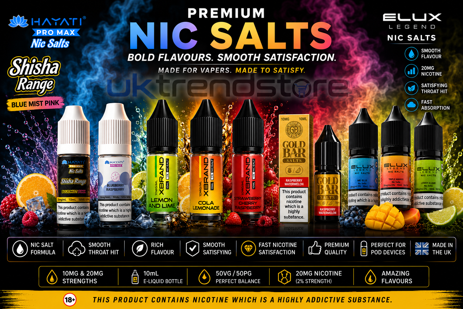 Premium Nic Salts banner featuring Hayati Pro Max, Hayati Shisha Range and Elux Legend nicotine salt e-liquid bottles in assorted flavours