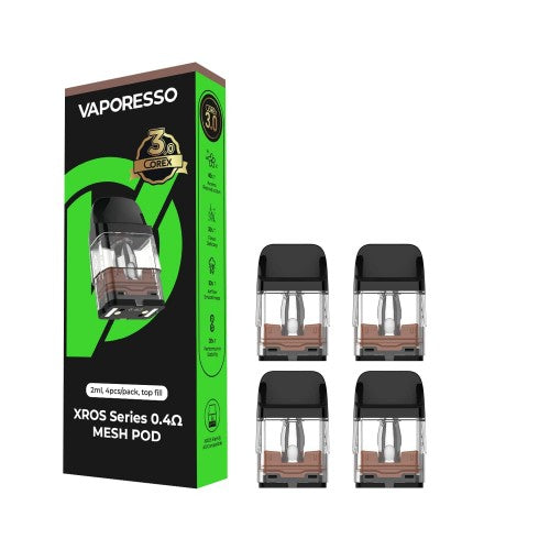 Vaporesso XROS Series 0.4Ω Mesh Pod packaging with four pods displayed on a white background.